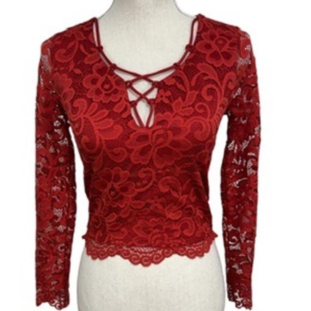 Forever 21 Red Lace Long Sleeve Crisscross Top Item # 2768